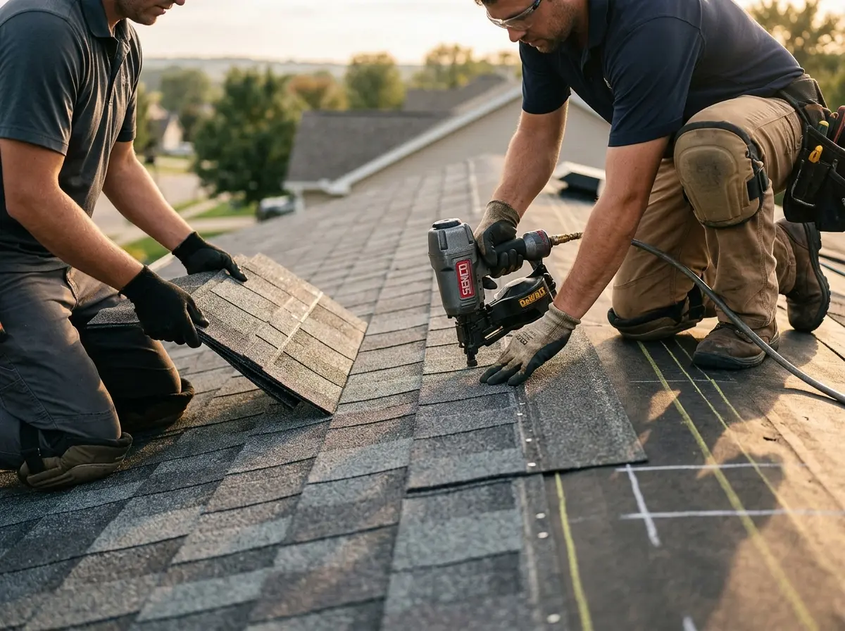 Professional roofer working on a residential roof in Attalla
